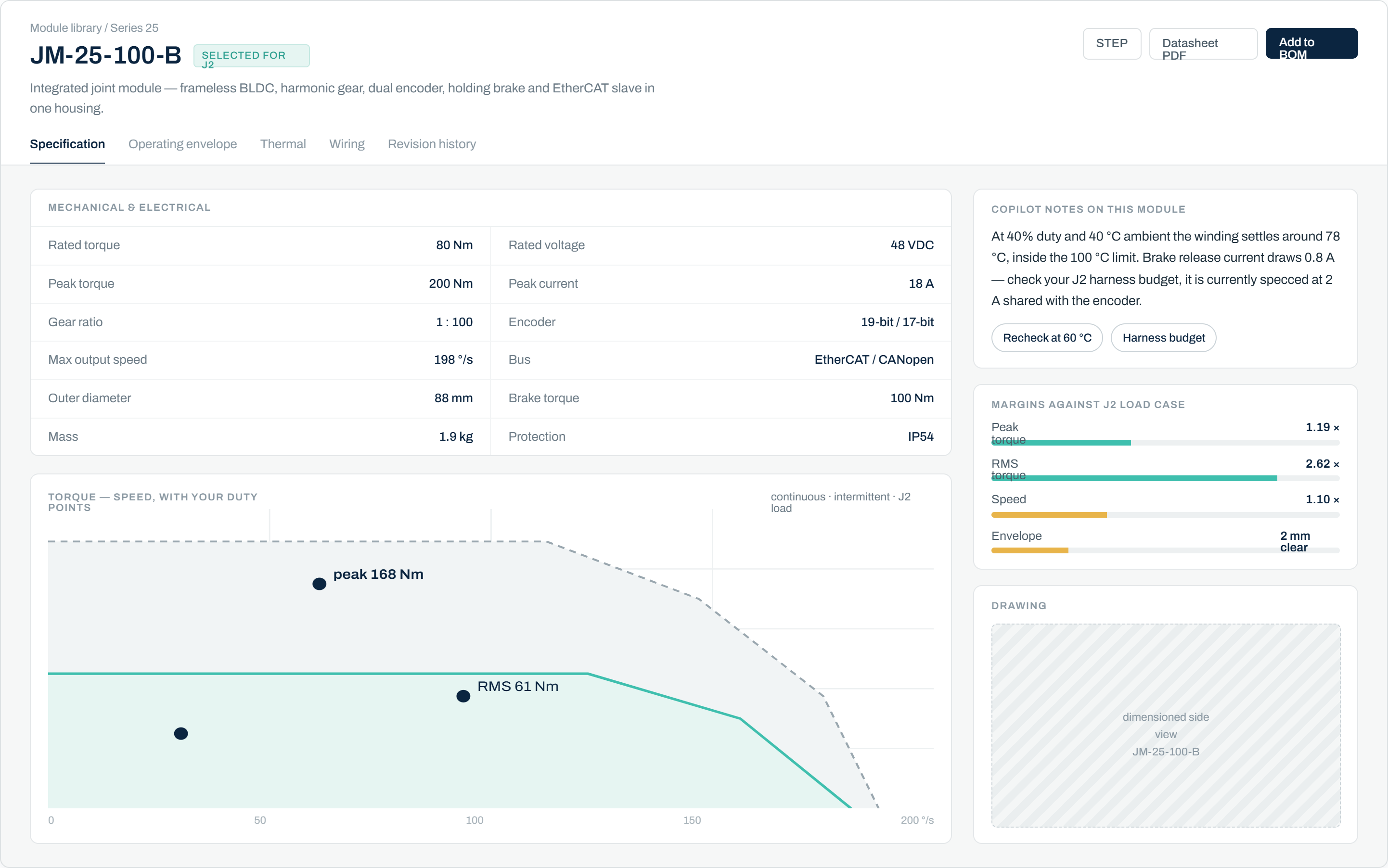 Le Bot Designer — module library with specification, duty-point envelope and margin check